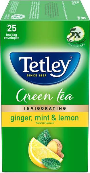 Tetley Invigorating Lemon, Ginger, Mint Green Tea Bags Box