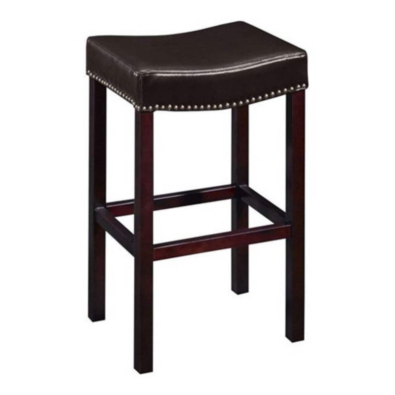 Armen Living Tudor 30 in. Backless Bar Stool with Brown Leather &amp; Nail Heads - Espresso