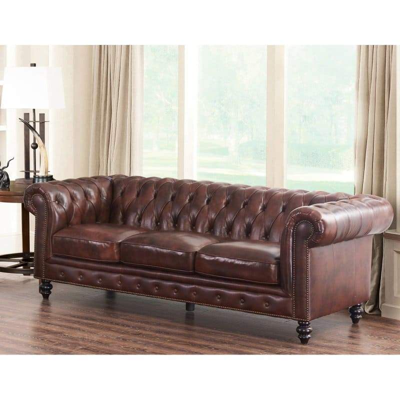 Abbyson Grand Chesterfield Brown Top Grain Leather Sofa