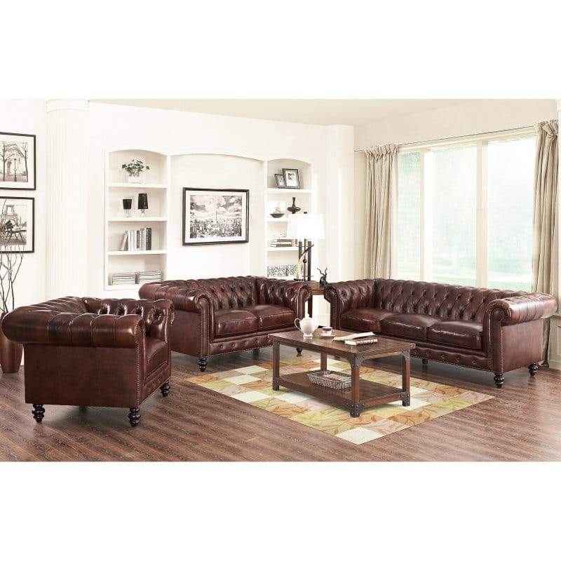 Abbyson Grand Chesterfield Brown Top Grain Leather Sofa Set