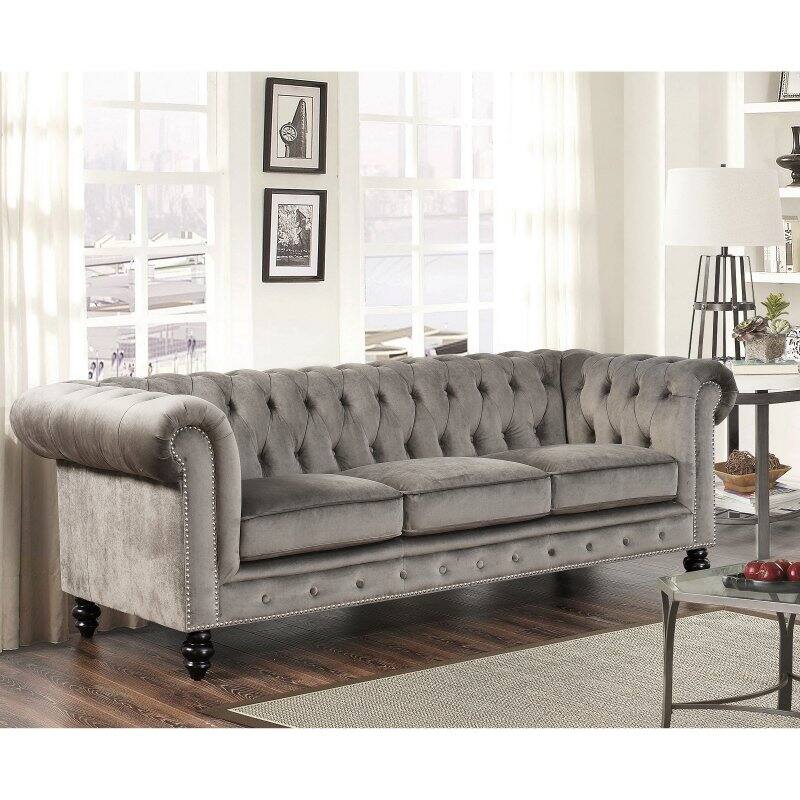 Abbyson Grand Chesterfield Gray Velvet Sofa