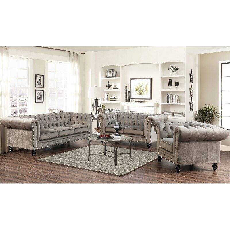 Abbyson Grand Chesterfield Gray Velvet Sofa Set