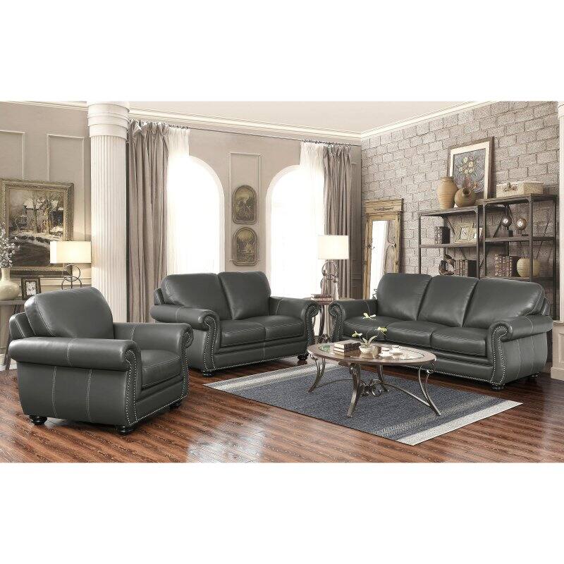 Abbyson Dasher Grey Top Grain Leather Sofa Loveseat and Armchair Set