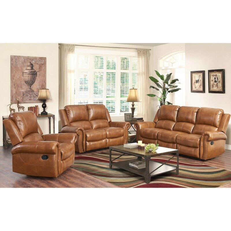 Abbyson Hayley Cognac 3-Piece Leather Sofa Set