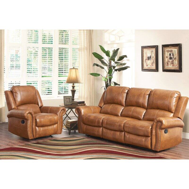 Abbyson Hayley Cognac Sofa and Chair Reclining Leather Set