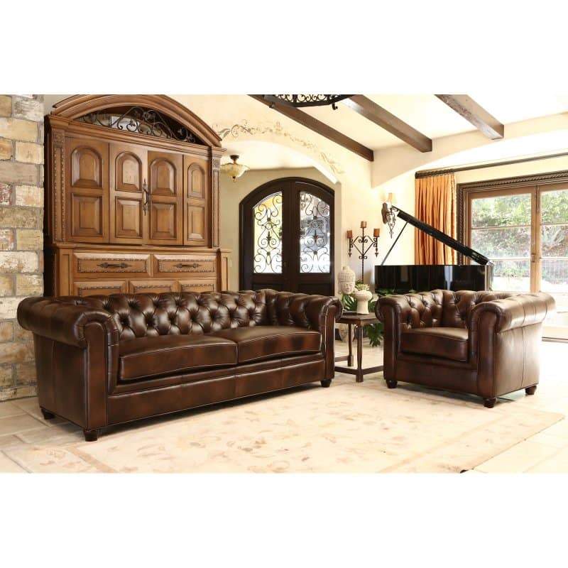 Abbyson Foyer Premium Italian Leather Sofa and Armchair Set - Two Tone Chesnut Brown