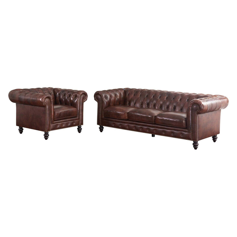 Abbyson Grand Chesterfield Brown Top Grain Leather Sofa Set