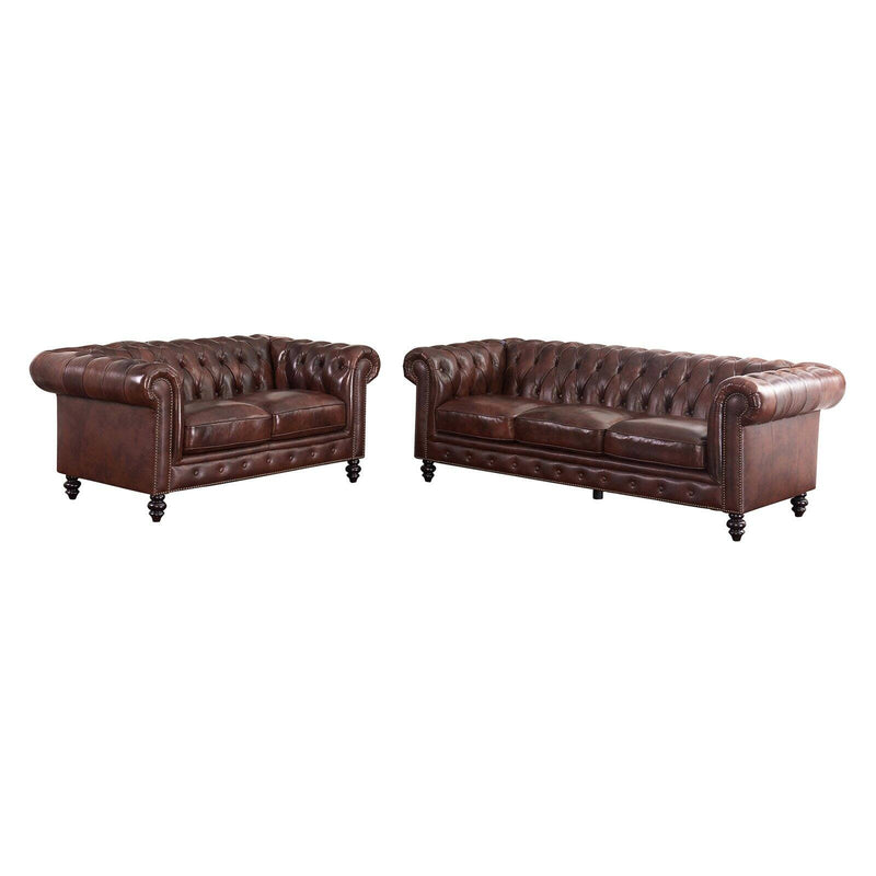 Abbyson Grand Chesterfield Brown Top Grain Leather Sofa Set